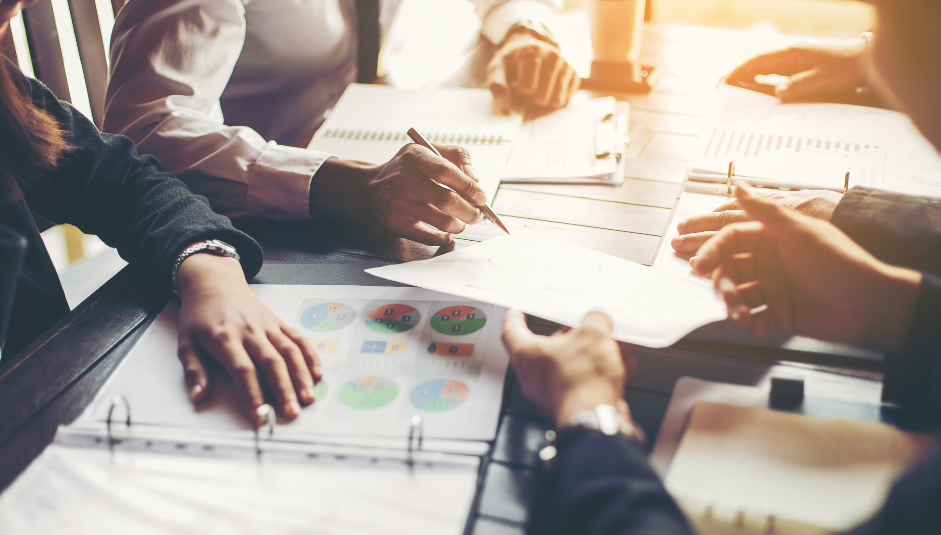Consulting meeting analysing business performance figures